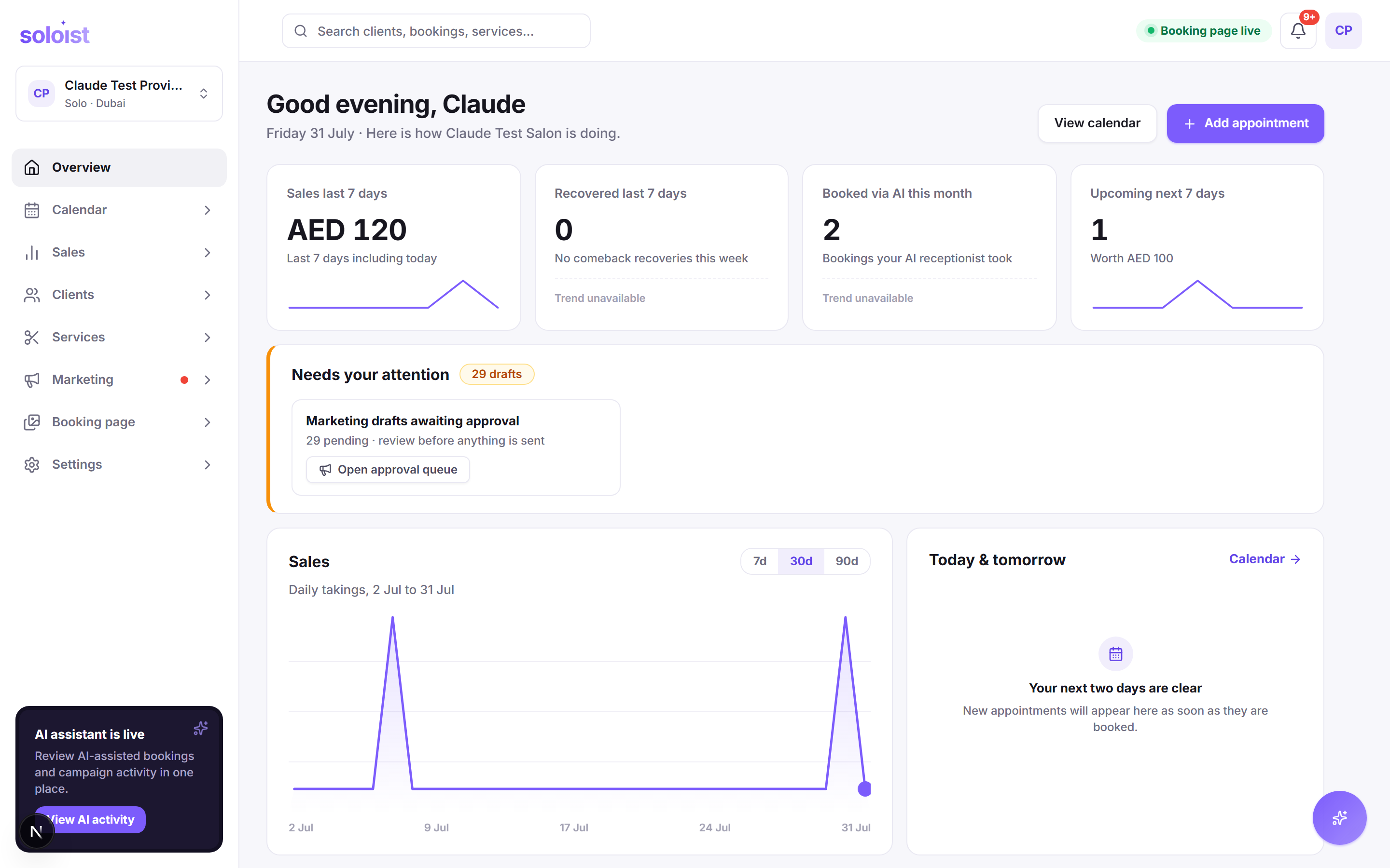 The Soloist provider dashboard overview