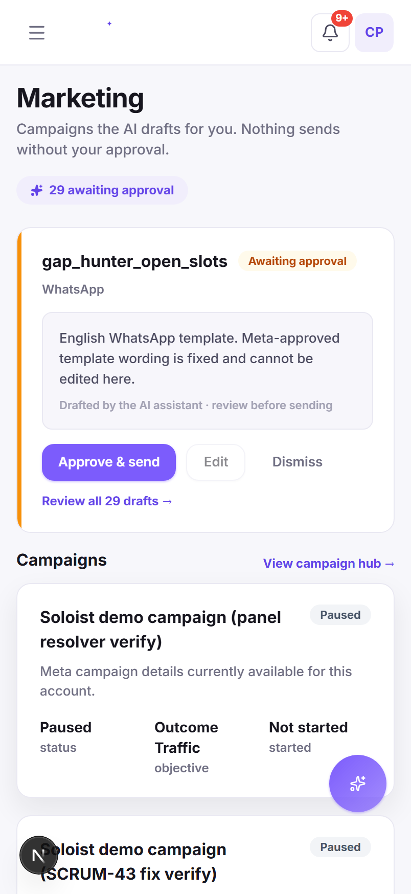 The Soloist marketing approval queue on iPhone